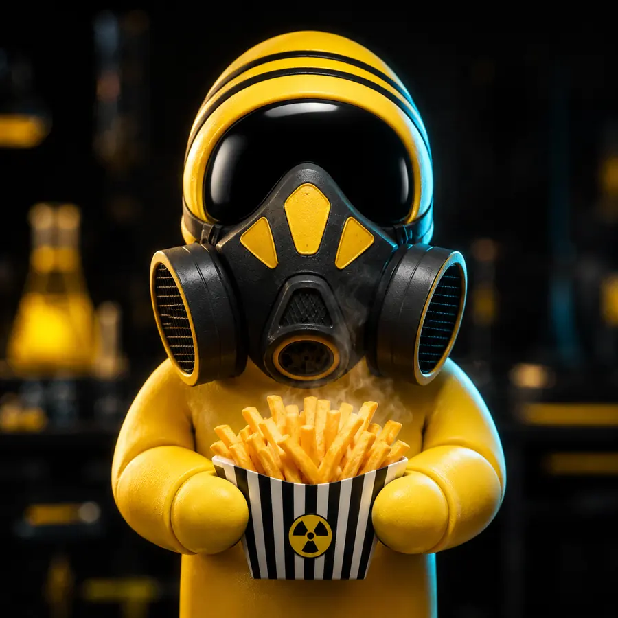 Mascotte Lab Station en combinaison jaune